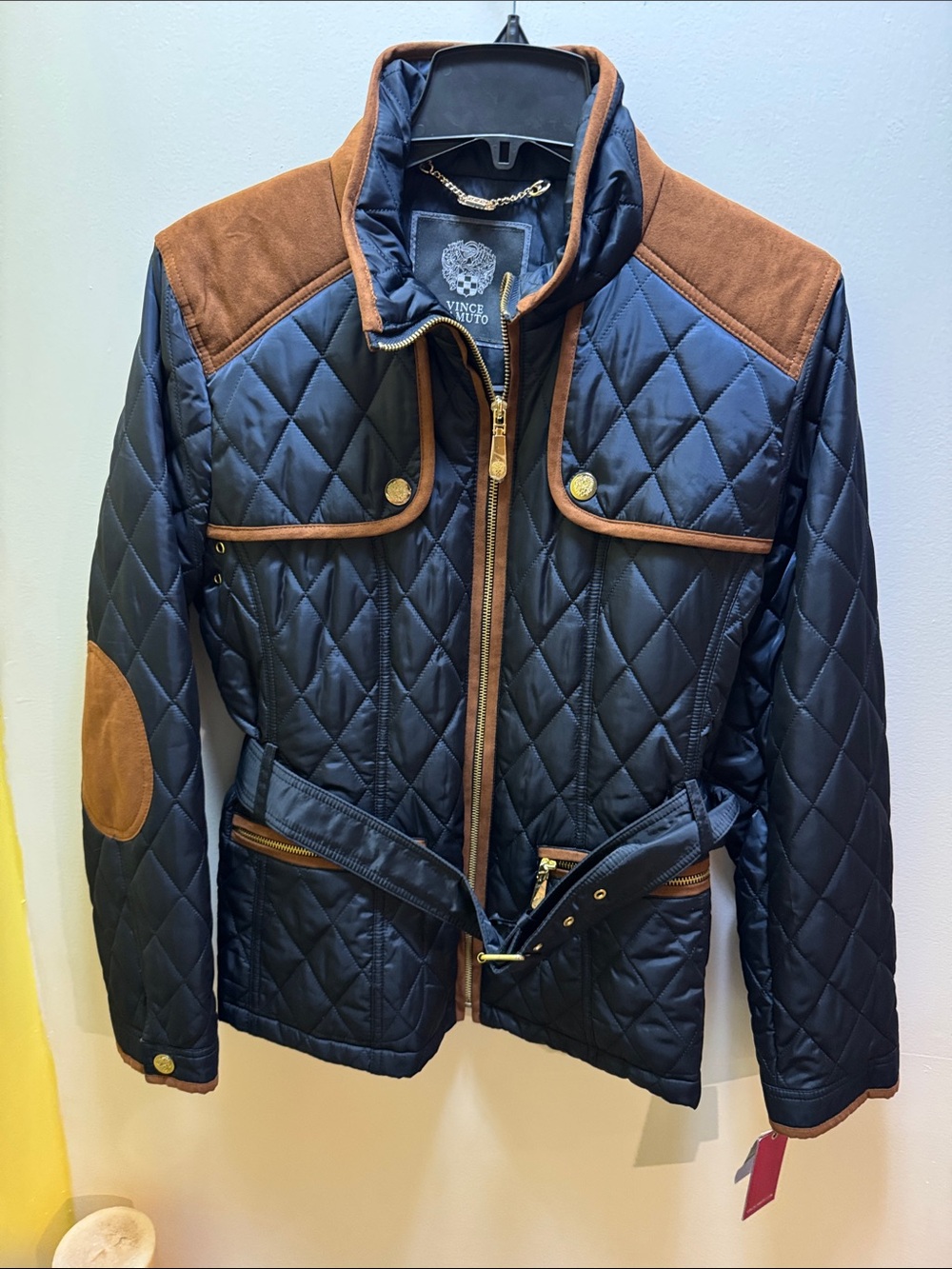 Vince Camuto Black Quilted Belted Jacket with Brown Trim